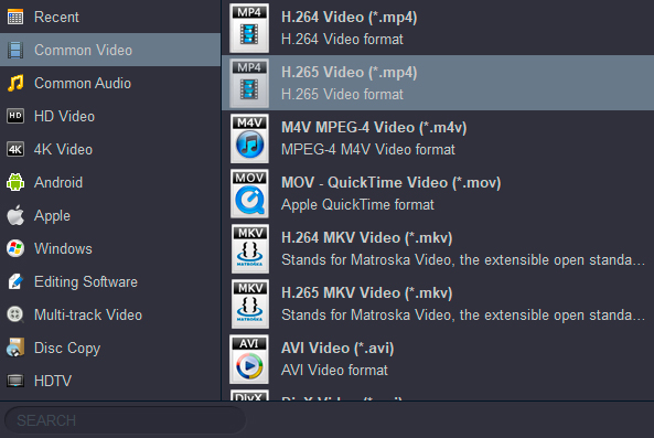 Convert common video format to H.265/HEVC